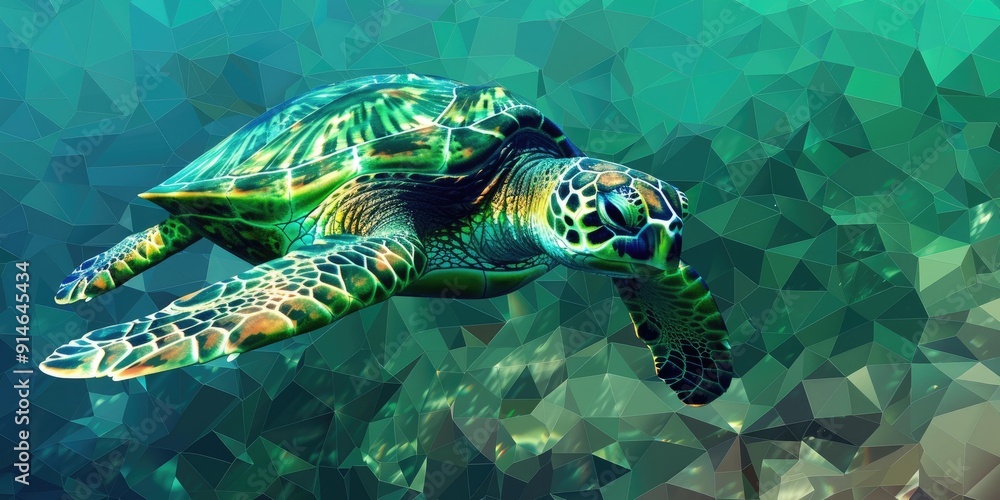 Fototapeta premium Green sea turtle swimming in green water.