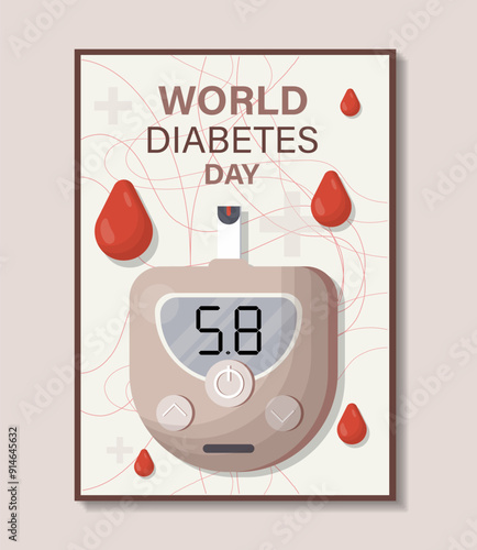 World diabetes day poster. Device for measuring blood sugar and insulin levels. Diagnosis and treatment. International holiday 14 november. Flat vector illustration isolated on beige background