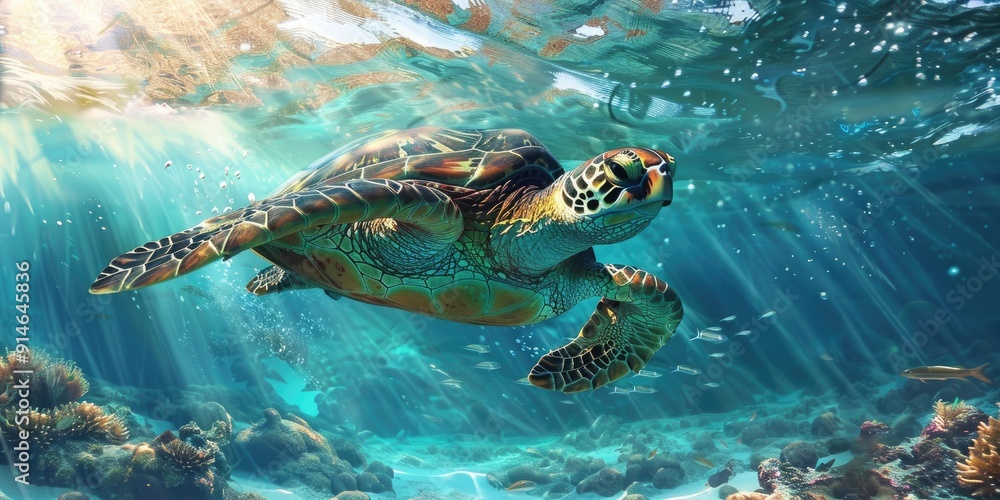 Fototapeta premium Sea turtle swims through turquoise water.