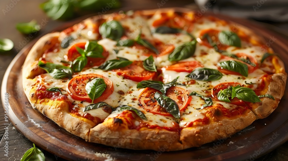 A pizza with basil and tomatoes on top A pizza with basil and tomatoes on top