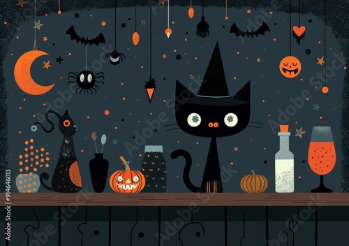 Spooky Halloween Party Scene with Percut Character in Witch Hat - Flat Design Illustration with Festive Decorations photo