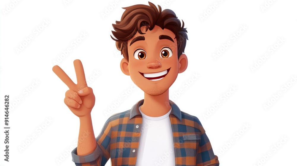 Cheerful cartoon young adult man with a victory sign on a white background Cheerful cartoon young adult man with a victory sign on a white background