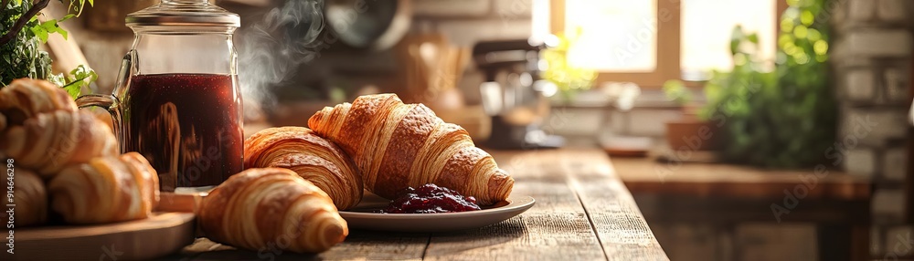 Freshly baked croissants on a rustic kitchen table with preserves and steaming coffee, capturing a cozy and inviting breakfast scene. Freshly baked croissants on a rustic kitchen table with preserves and steaming coffee, capturing a cozy and inviting breakfast scene.
