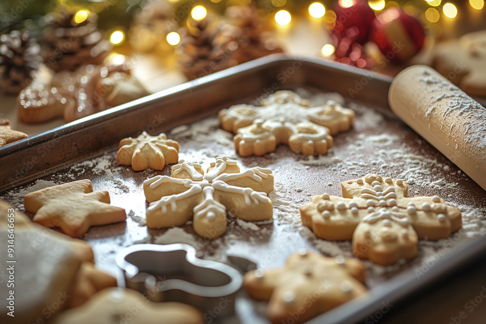 Freshly baked and decorated Christmas cookies arranged on a tray, ready to be served in a festive, holiday-decorated kitchen Freshly baked and decorated Christmas cookies arranged on a tray, ready to be served in a festive, holiday-decorated kitchen