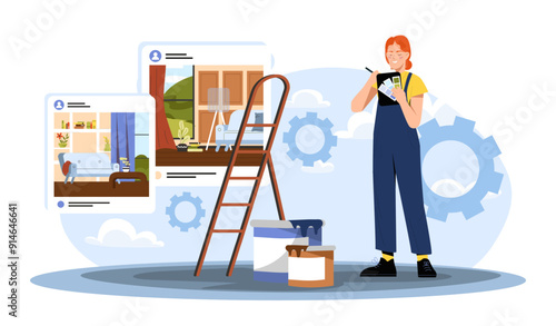 Arranging interior woman. Young girl in uniform near stairs and color palette. Apartment decoration in scandinavian style. House designer. Flat vector illustration isolated on white background