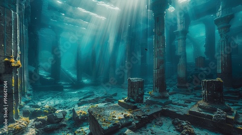 Ancient underwater temple ruins illuminated by sunbeams in a vibrant blue ocean