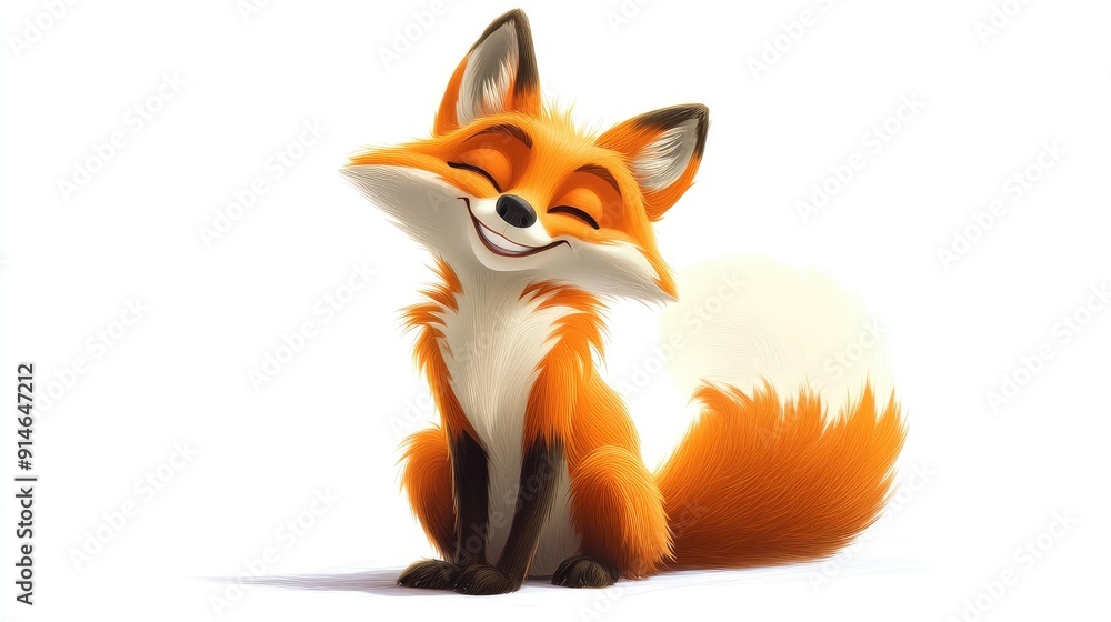 Fototapeta premium Cartoon fox smiling with a bushy tail on a white background