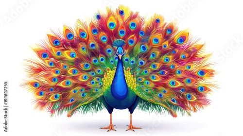Cartoon peacock with vibrant feathers on a white background