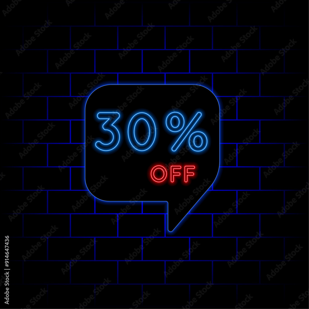 30% thirty percent off neon letters. vector illustration. brick background. in blue and red colors. 30% thirty percent off neon letters. vector illustration. brick background. in blue and red colors.