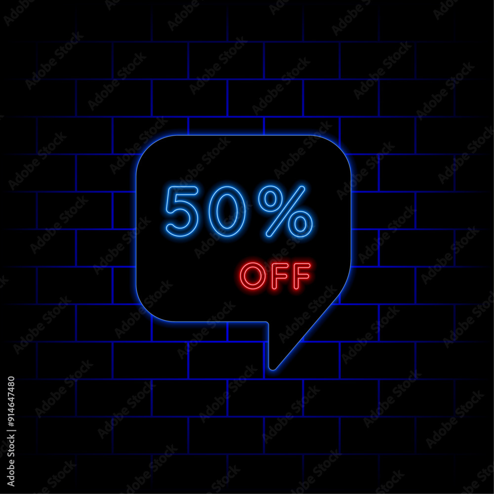 50% fifty percent off neon letters. vector illustration. brick background. in blue and red colors. 50% fifty percent off neon letters. vector illustration. brick background. in blue and red colors.