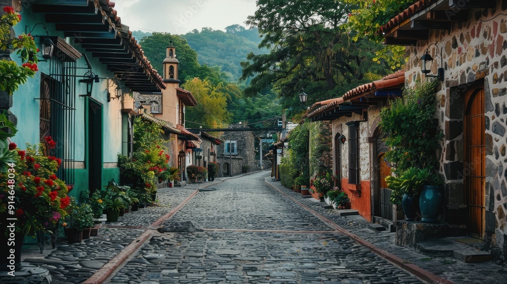 Obraz premium A peaceful cobblestone street showcases colorful homes adorned with blooming flowers amid lush greenery