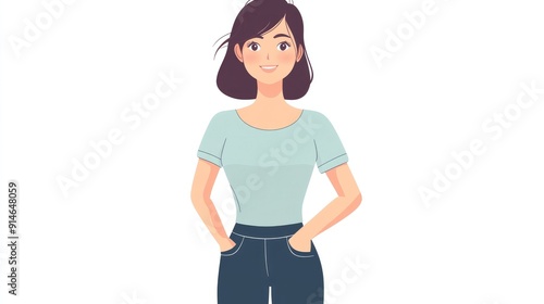 Happy cartoon young adult woman with hands in pockets on a white background