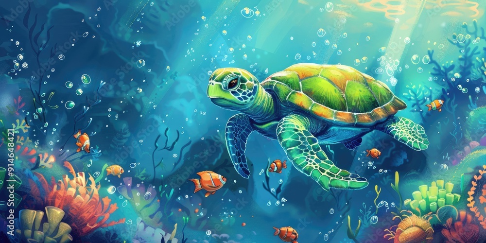 A turtle swims through a coral reef with fish. A turtle swims through a coral reef with fish.