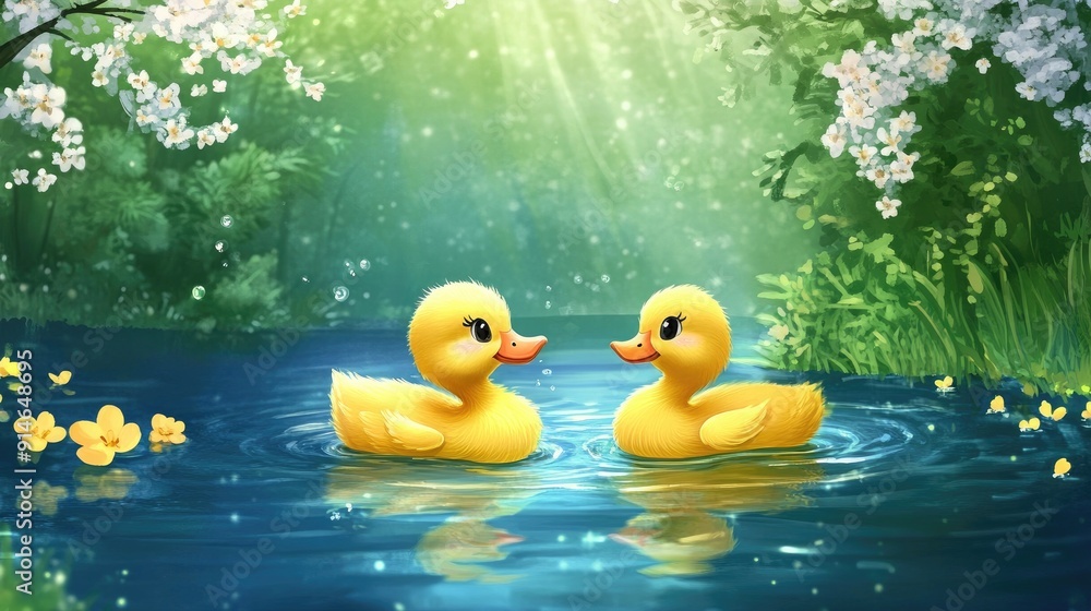 Cute cartoon ducks swimming in a sparkling spring pond Cute cartoon ducks swimming in a sparkling spring pond