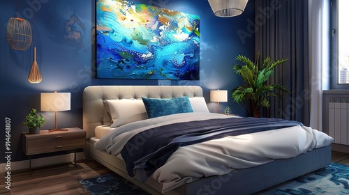   A tidy bedroom featuring a well-made bed and an elegant painting hanging above the headboard