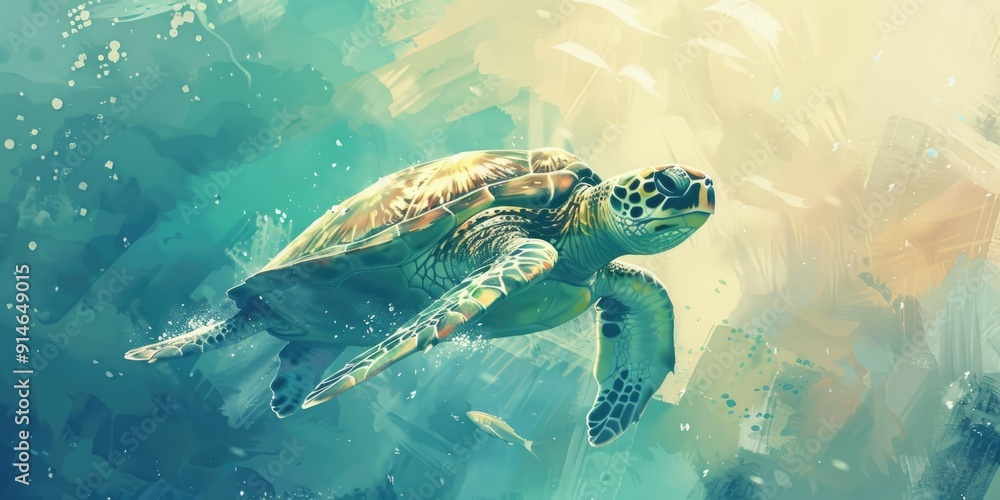 Sea turtle swims in blue green water. Sea turtle swims in blue green water.