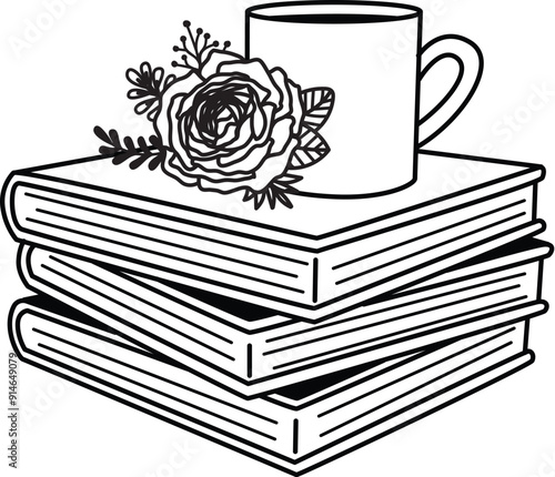 Flowers and coffee mug on book stacks with editable strokes. Vector illustration.