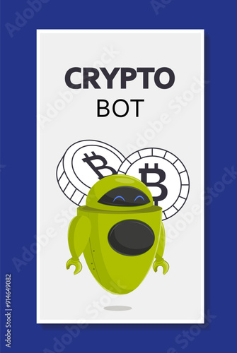 Crypto bot poster. Green bot near coin. Artificial intelligence and machine learning. Bitcoin and Litecoin. Blockchain and cryptocurrency. Flat vector illustration isolated on blue background