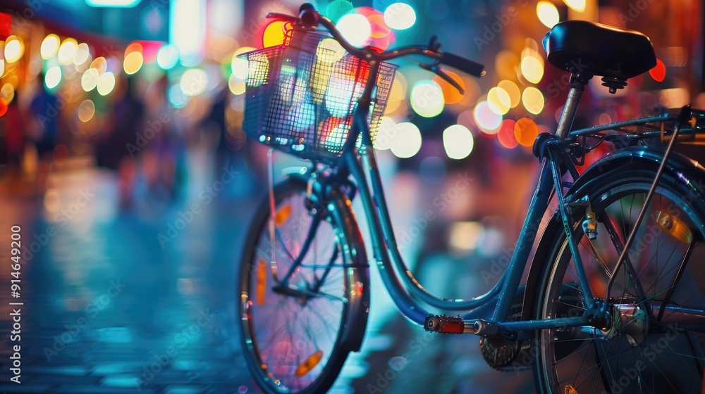 Zero Emissions Day. Bicycle in the city at night, bokeh background. Zero Emissions Day. Bicycle in the city at night, bokeh background.