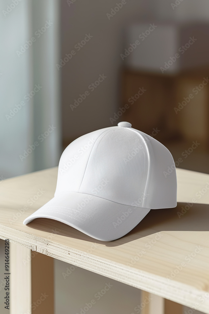 White Baseball Cap on a Wooden Shelf. White Baseball Cap on a Wooden Shelf.