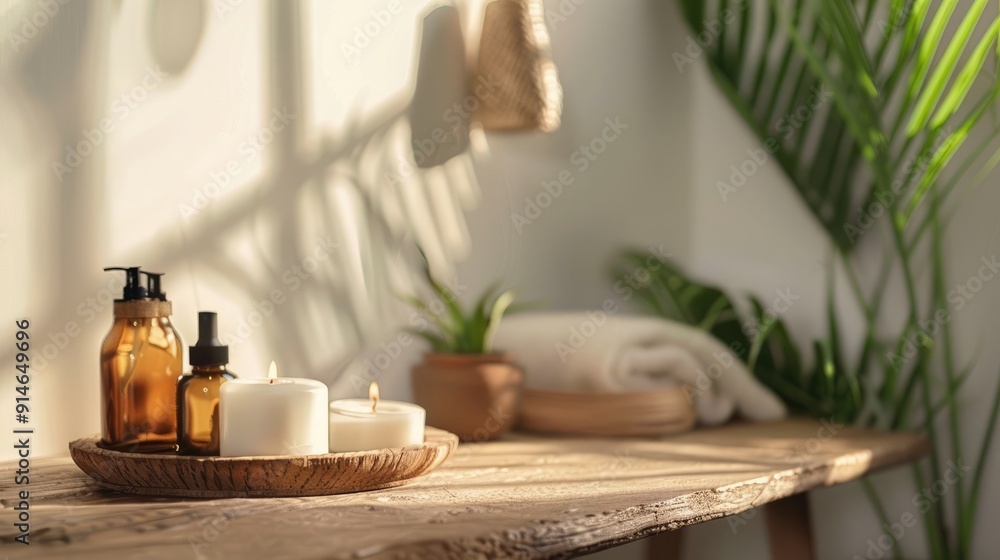 Wooden desk in natural setting for products Wooden desk in natural setting for products