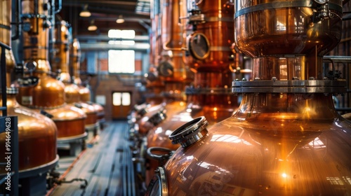 A large room with many copper colored tanks
