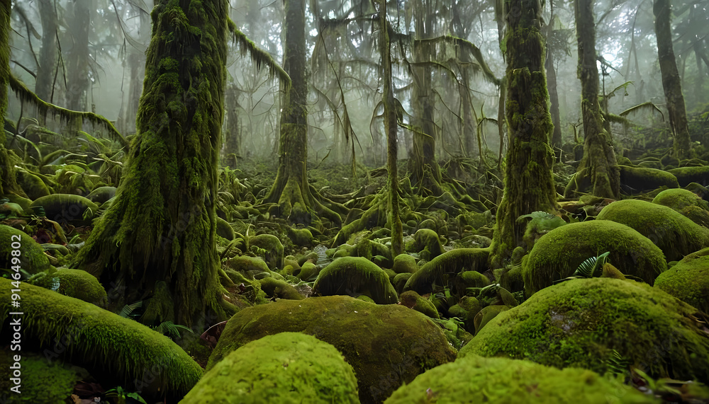 green moss covering old tree roots and vines in a foggy forest. hazy weather, blurry background. wonderful wild nature, national park, creepy.