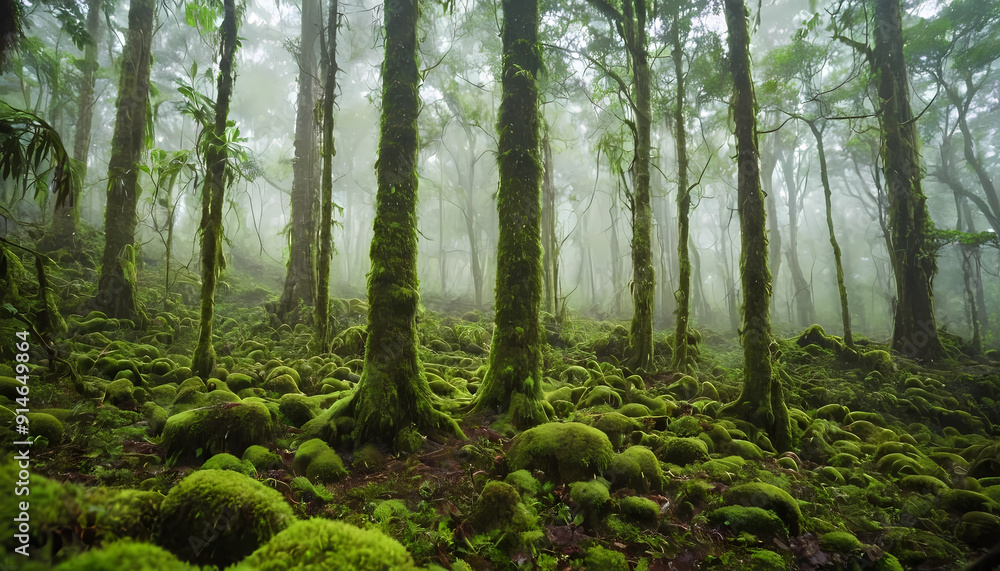 green moss covering old tree roots and vines in a foggy forest. hazy weather, blurry background. wonderful wild nature, national park, creepy. green moss covering old tree roots and vines in a foggy forest. hazy weather, blurry background. wonderful wild nature, national park, creepy.