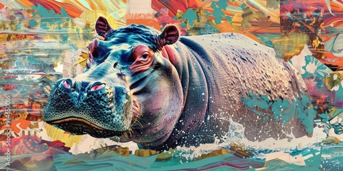 Abstract painting of a hippopotamus emerging from water. photo