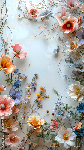 A variety of colorful flowers, including roses, are elegantly arranged on a white surface. Each petal glistens with water, showcasing the beauty of these flowering plants in the rose family