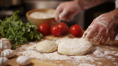 Pizza dough and toppings during preparation. 