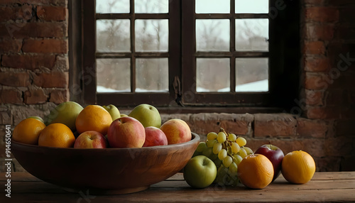 Wallpaper Mural a wooden bowl full of fruits on a wooden table in a old vintage brick house in front of the window and it is snowing outside. winter time cozy home food background.  Torontodigital.ca