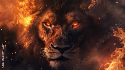 Majestic mystical lion with glowing eyes surrounded by fire and smoke. Generative ai 