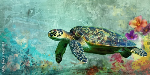 Sea turtle with colorful flowers on a textured background.