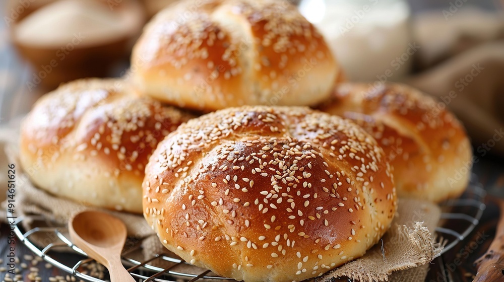 A set of buns resting on a wire rack beside a cup of milk and a spoon A set of buns resting on a wire rack beside a cup of milk and a spoon