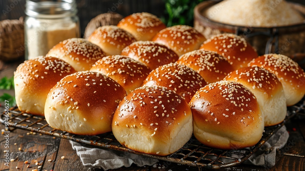 A batch of buns sprinkled with sesame seeds on a cooling rack alongside oatmeal A batch of buns sprinkled with sesame seeds on a cooling rack alongside oatmeal