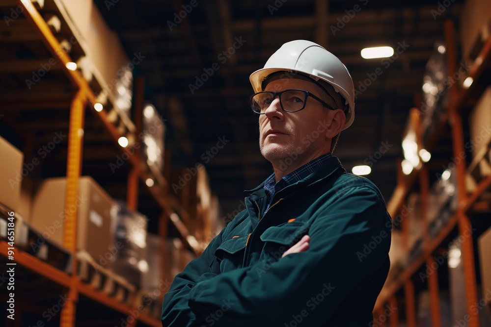 A warehouse manager wearing safety gear standing confidently in an industrial warehouse environment with stacked boxes in the background. A warehouse manager wearing safety gear standing confidently in an industrial warehouse environment with stacked boxes in the background.