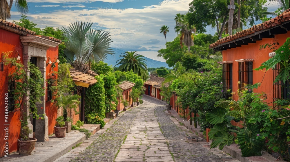 Obraz premium A tranquil cobblestone path bordered by colorful houses and rich vegetation under a bright sky