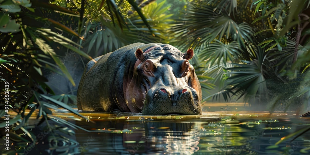 Fototapeta premium Hippopotamus emerges from water in jungle.