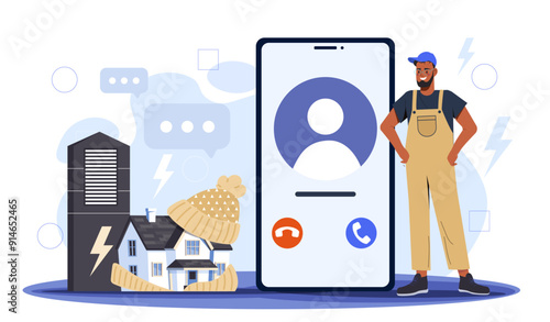 Thermal insulation of house. Man in uniform near smartphone and at home in hat and scarf. Keeping rooms warm and increasing energy efficiency. Flat vector illustration isolated on white background