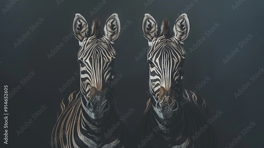 Two zebras standing together in a dark room with one facing the camera ...
