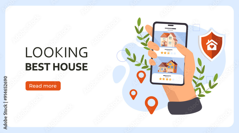 Looking best house poster. Hand with smartphone with mobile application for realtors. Deals with real estate and private property. Apartment purchase. Landing page. Flat vector illustration Looking best house poster. Hand with smartphone with mobile application for realtors. Deals with real estate and private property. Apartment purchase. Landing page. Flat vector illustration