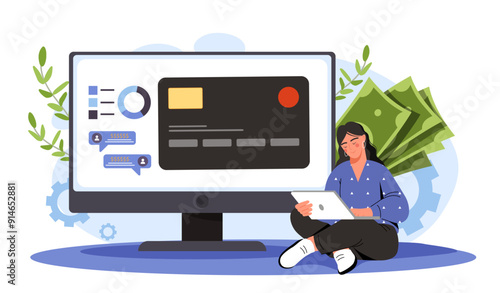 Woman making money online. Young girl with tablet makes money on Internet. Remote employee and freelancer. Cashless transfers and transactions. Flat vector illustration isolated on white background