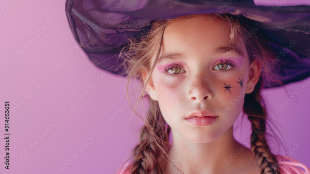 Little girl in witch costume ready for Halloween. Pastel purple background. Little girl in witch costume ready for Halloween. Pastel purple background.