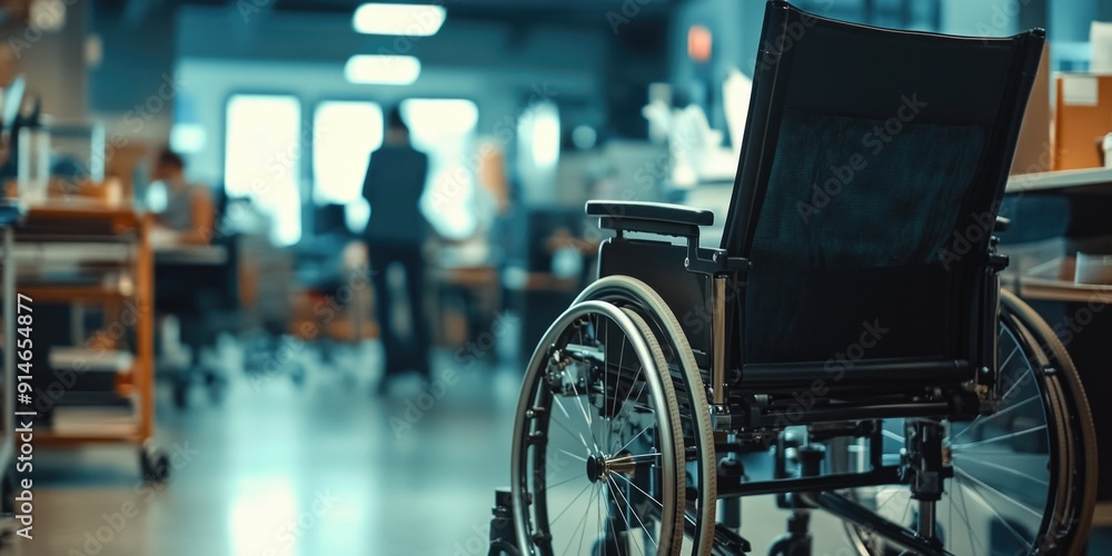 Wheelchair in hospital hallway with white walls and medical equipment nearby Wheelchair in hospital hallway with white walls and medical equipment nearby