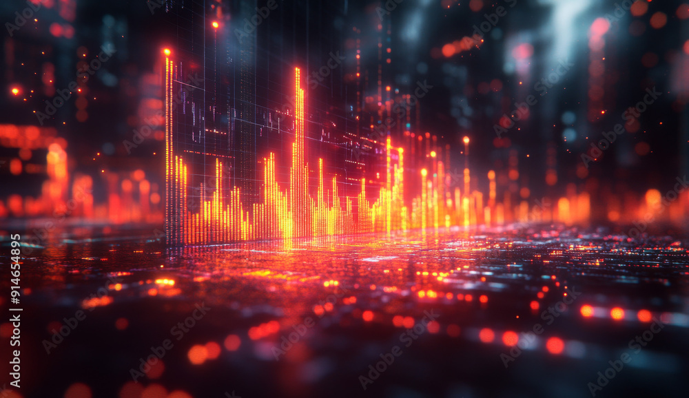 Obraz premium Sleek stock market graph with colorful bars and lines, set against an abstract dark background.