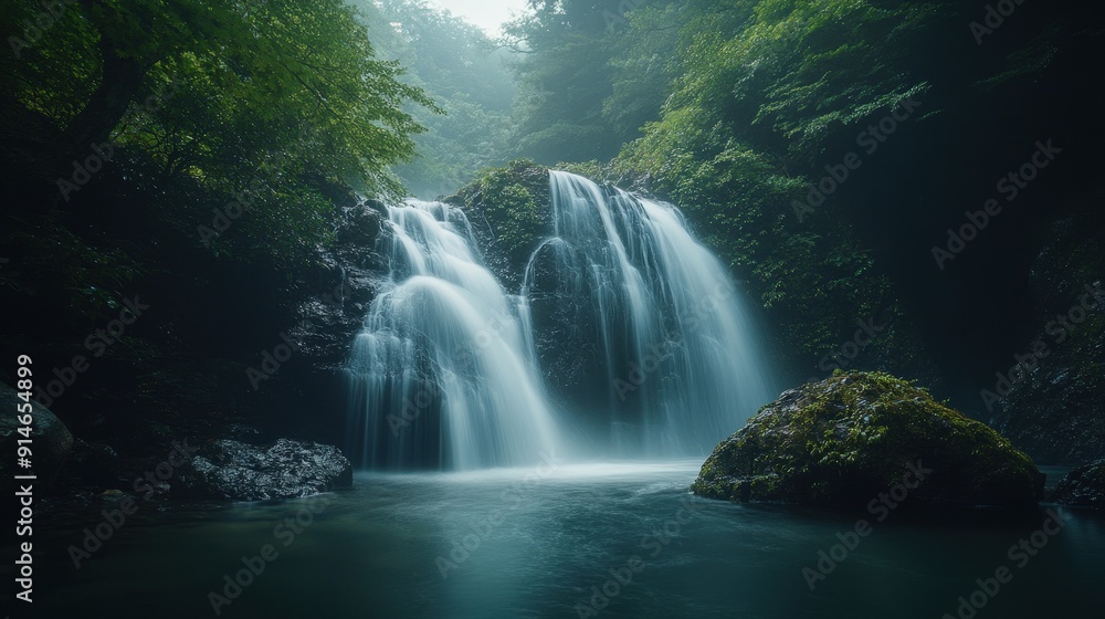 Long Exposure Waterfall in Dense Forest, Serene Nature Landscape with Flowing Water and Lush Greenery