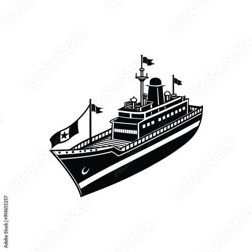 Vector illustration of a cruise ship sailing on the sea with a nautical silhouette