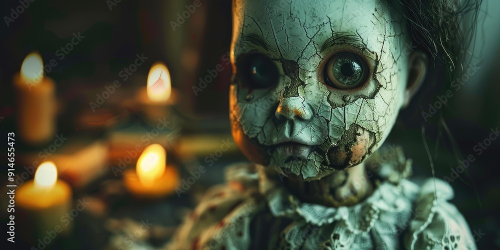 Creepy doll stares with candlelight. Creepy doll stares with candlelight.