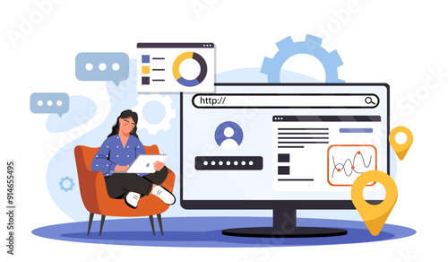 Woman optimizing website. Young girl with laptop and tablet updates web page. Programmer and designer. Remote employee and freelancer. Flat vector illustration isolated on white background
